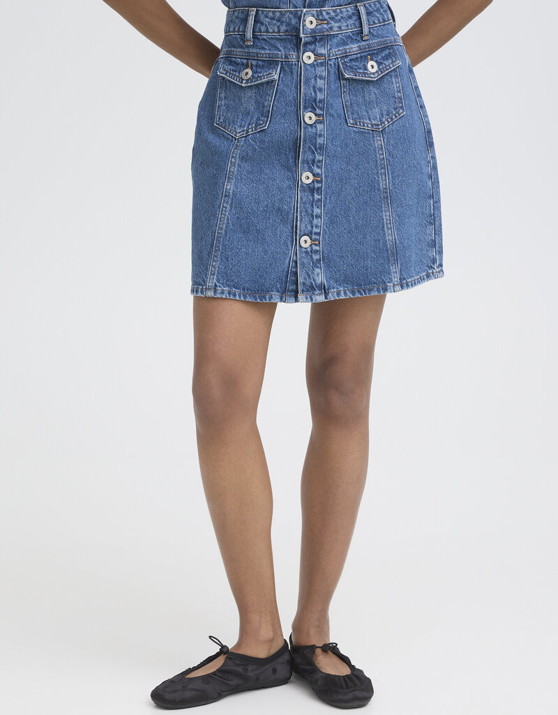ICHI Pamila Denim Skirt with Buttons in Medium Blue