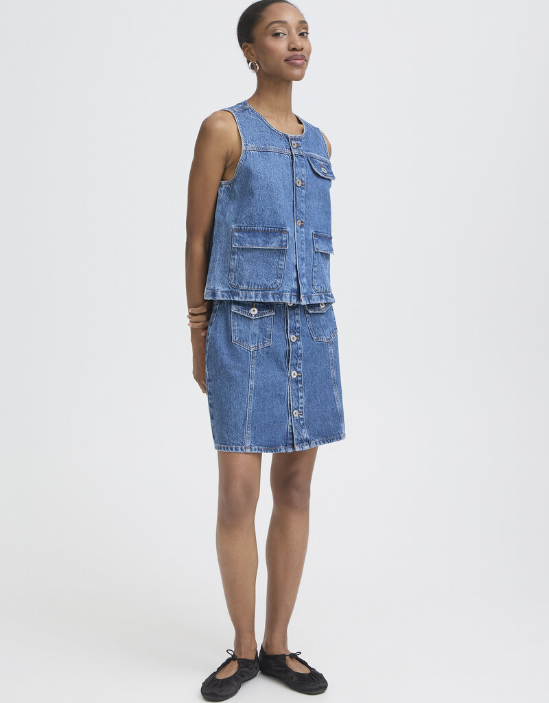 ICHI Pamila Denim Skirt with Buttons in Medium Blue