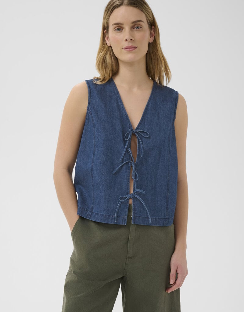 Part Two Delaila Cotton Denim Vest with Ties in Medium Dark Blue