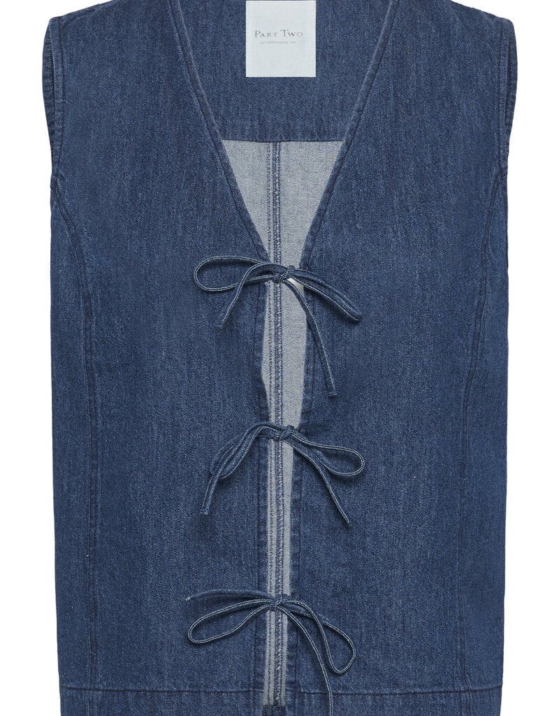 Part Two Delaila Cotton Denim Vest with Ties in Medium Dark Blue