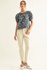 Adelyn Rae Briana Jacquard Chambry Lantern Short Sleeve Blouse