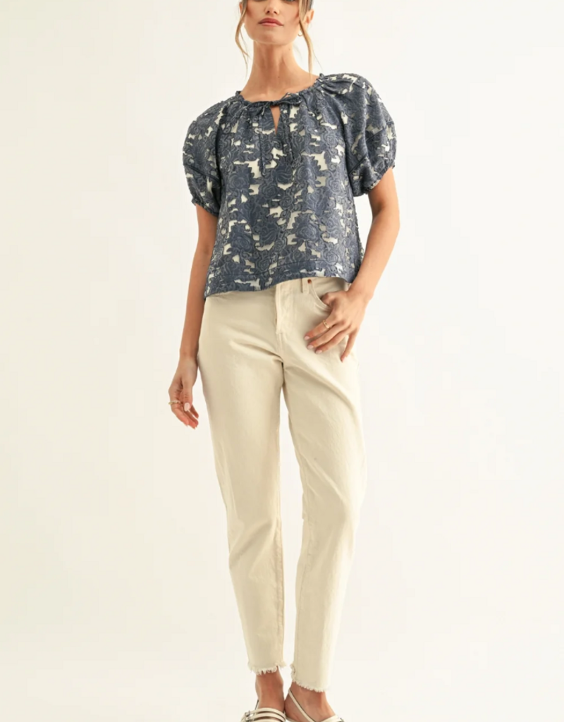 Adelyn Rae Briana Jacquard Chambry Lantern Short Sleeve Blouse