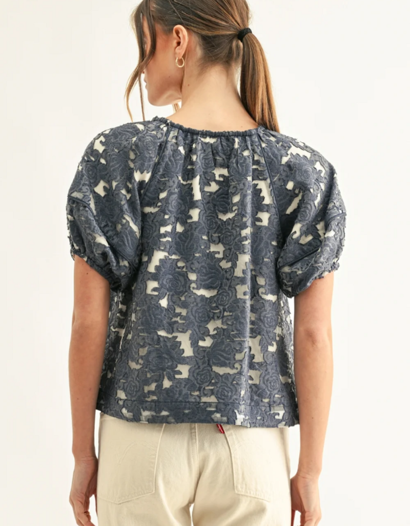 Adelyn Rae Briana Jacquard Chambry Lantern Short Sleeve Blouse