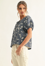 Adelyn Rae Briana Jacquard Chambry Lantern Short Sleeve Blouse