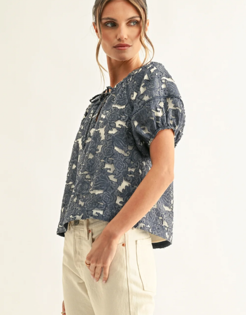 Adelyn Rae Briana Jacquard Chambry Lantern Short Sleeve Blouse
