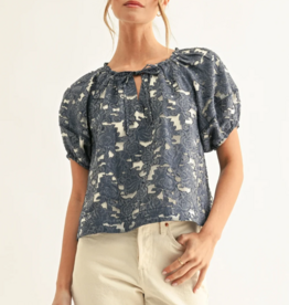 Adelyn Rae Briana Jacquard Chambry Lantern Short Sleeve Blouse