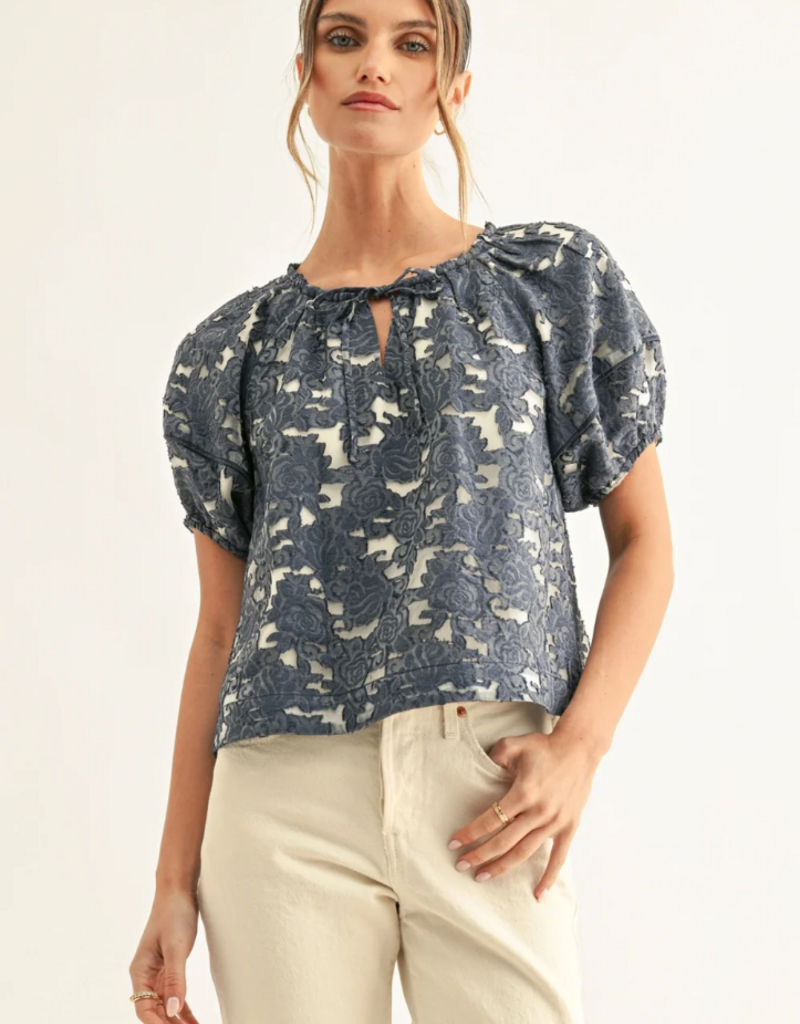 Adelyn Rae Briana Jacquard Chambry Lantern Short Sleeve Blouse