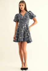 Adelyn Rae Fern Jacquard Bubble Sleeve Mini Dress