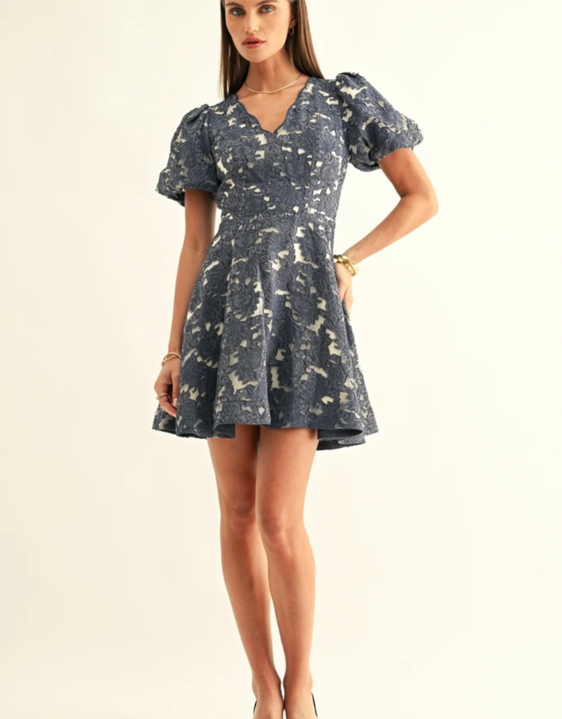 Adelyn Rae Fern Jacquard Bubble Sleeve Mini Dress