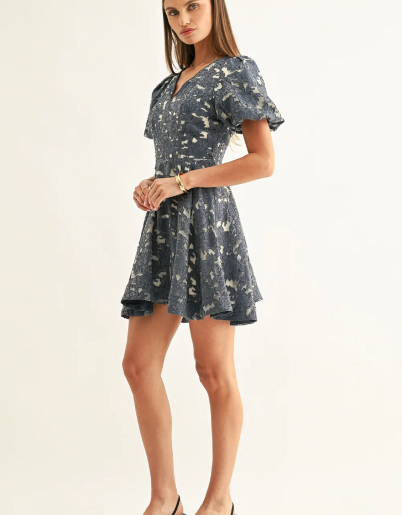 Adelyn Rae Fern Jacquard Bubble Sleeve Mini Dress