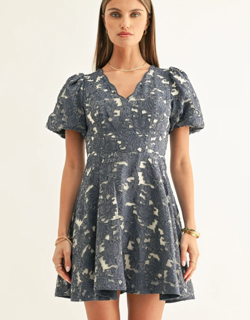 Adelyn Rae Fern Jacquard Bubble Sleeve Mini Dress