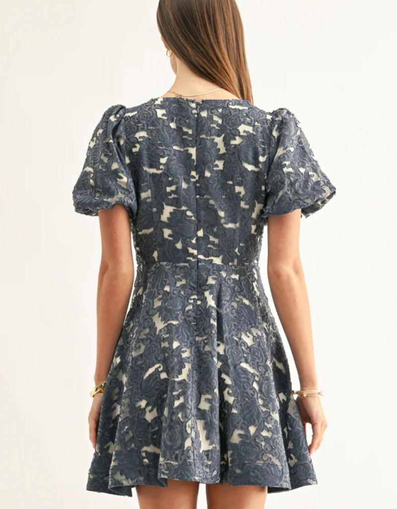 Adelyn Rae Fern Jacquard Bubble Sleeve Mini Dress