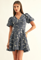 Adelyn Rae Fern Jacquard Bubble Sleeve Mini Dress