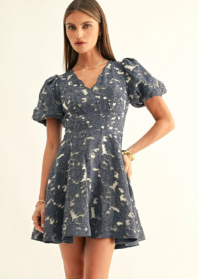 Adelyn Rae Fern Jacquard Bubble Sleeve Mini Dress
