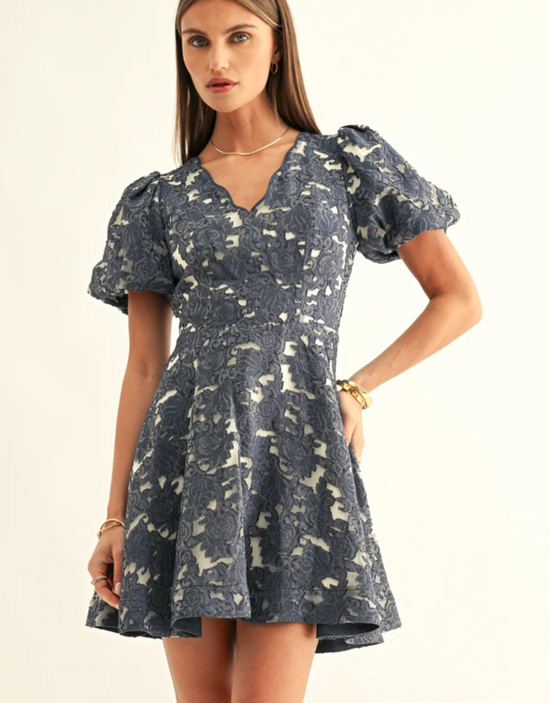 Adelyn Rae Fern Jacquard Bubble Sleeve Mini Dress