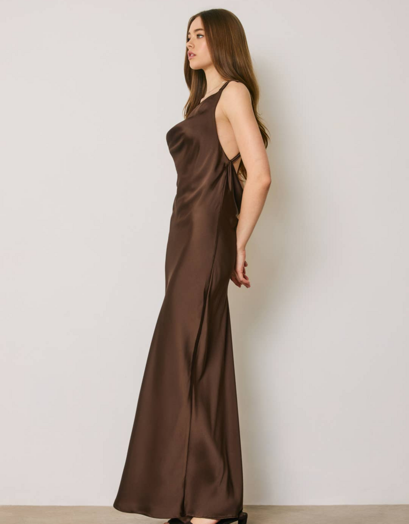 Dress Forum Going Out Twisted Strap Satin Maxi Dress in Chocolate Brown