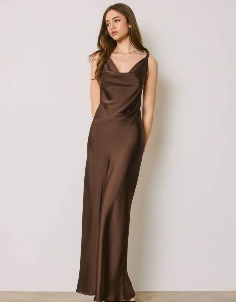Dress Forum Going Out Twisted Strap Satin Maxi Dress in Chocolate Brown