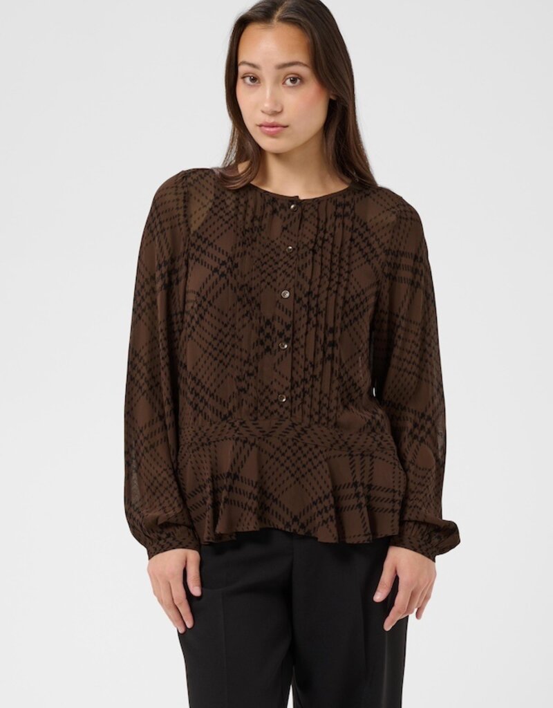 Part Two Cantaline Long Sleeve Sheer Blouse in Brown Leaf