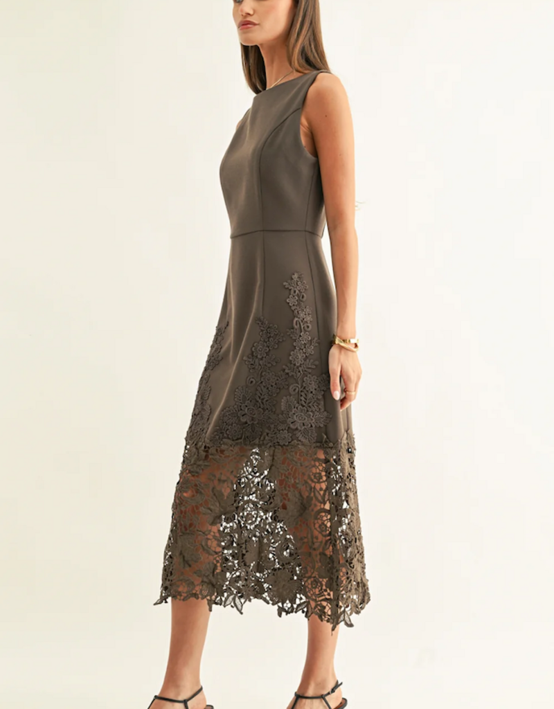 Adelyn Rae Sara Ruffled Lace Hem Midi Dress in Espresso