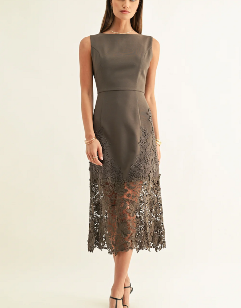 Adelyn Rae Sara Ruffled Lace Hem Midi Dress in Espresso