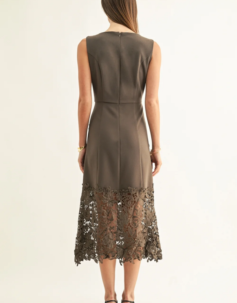 Adelyn Rae Sara Ruffled Lace Hem Midi Dress in Espresso