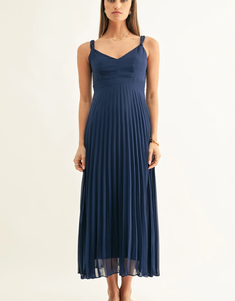 Adelyn Rae Jilian Pleated Midi Dress in Navy