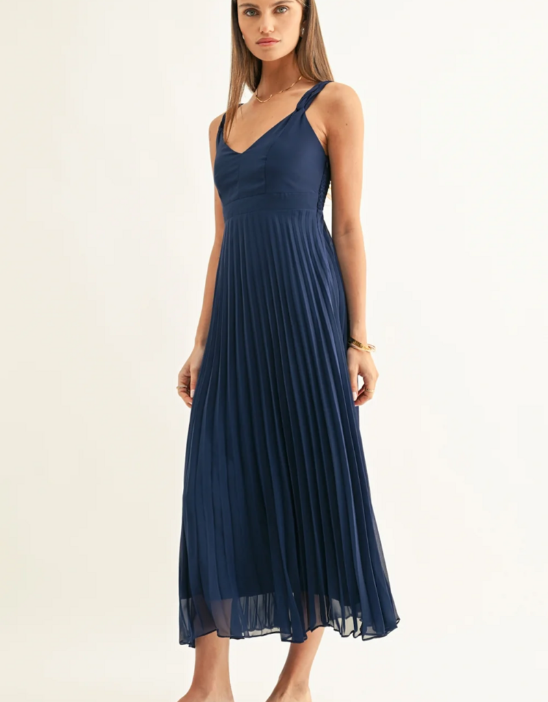 Adelyn Rae Jilian Pleated Midi Dress in Navy