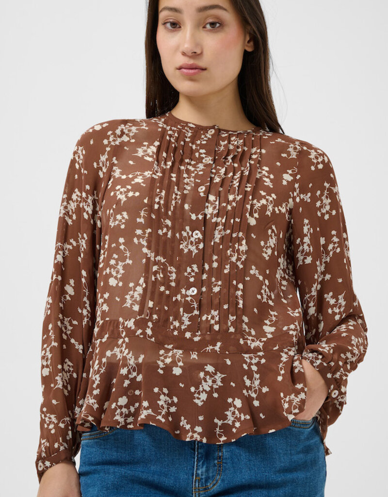 Part Two Cantaline Long Sleeve Sheer Blouse in Brown Leaf