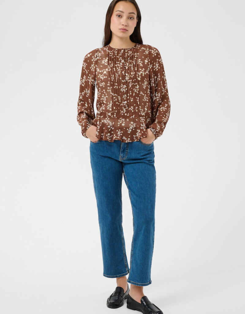 Part Two Cantaline Long Sleeve Sheer Blouse in Brown Leaf