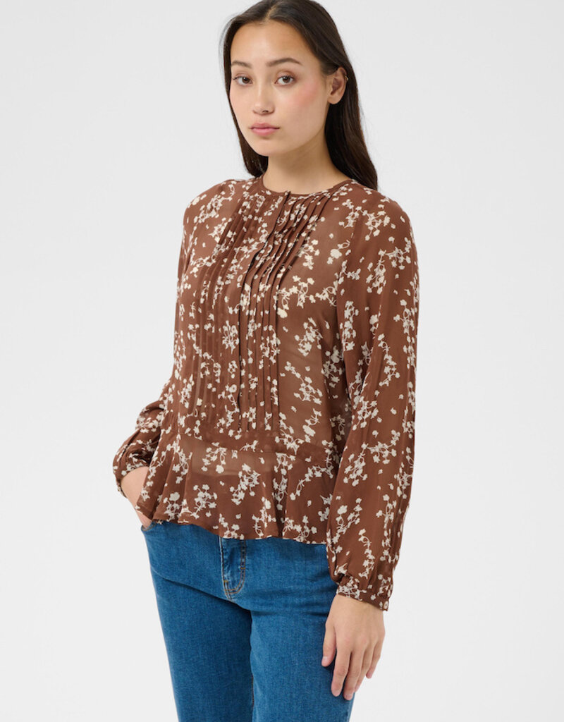 Part Two Cantaline Long Sleeve Sheer Blouse in Brown Leaf