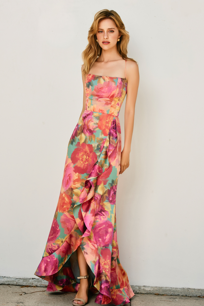 meadow formal open back ruffle dress Brialynne Ruffled Maxi in Fall Floral Supplier_C&Q