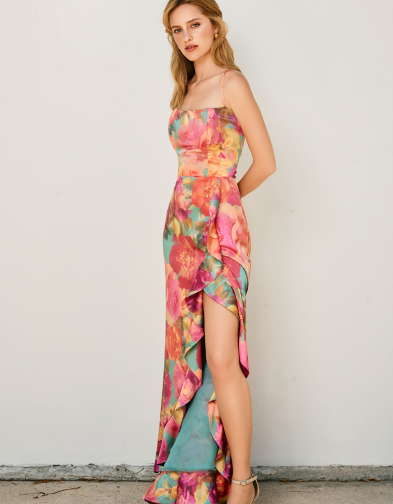 Dress Forum Brialynne Open Back Ruffled Maxi Dress in Fall Floral