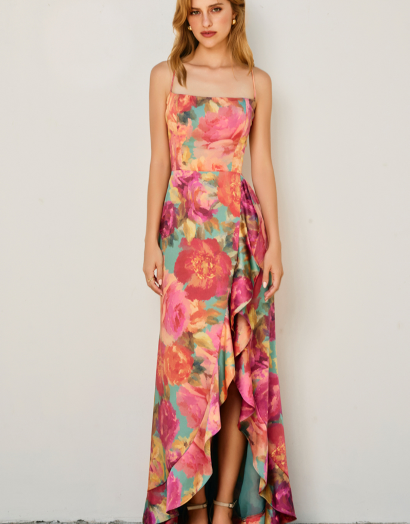 Dress Forum Brialynne Open Back Ruffled Maxi Dress in Fall Floral