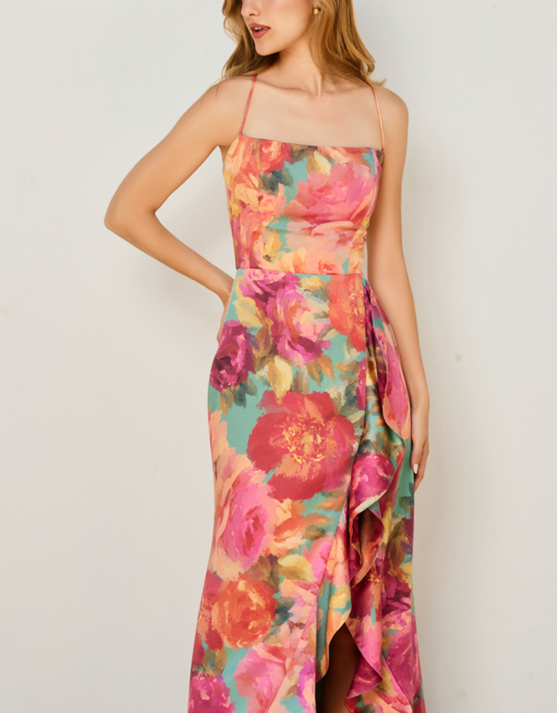 Dress Forum Brialynne Open Back Ruffled Maxi Dress in Fall Floral