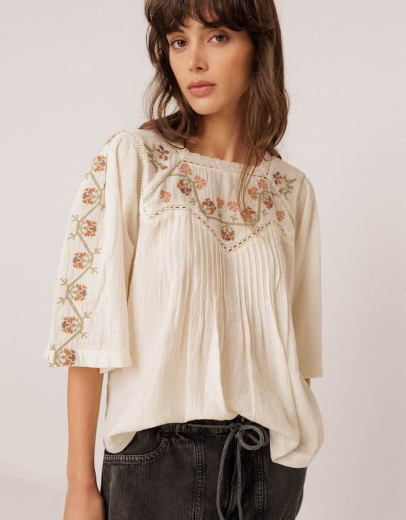 Indi and Cold Anita Floral Embroidered Blouse in Cream