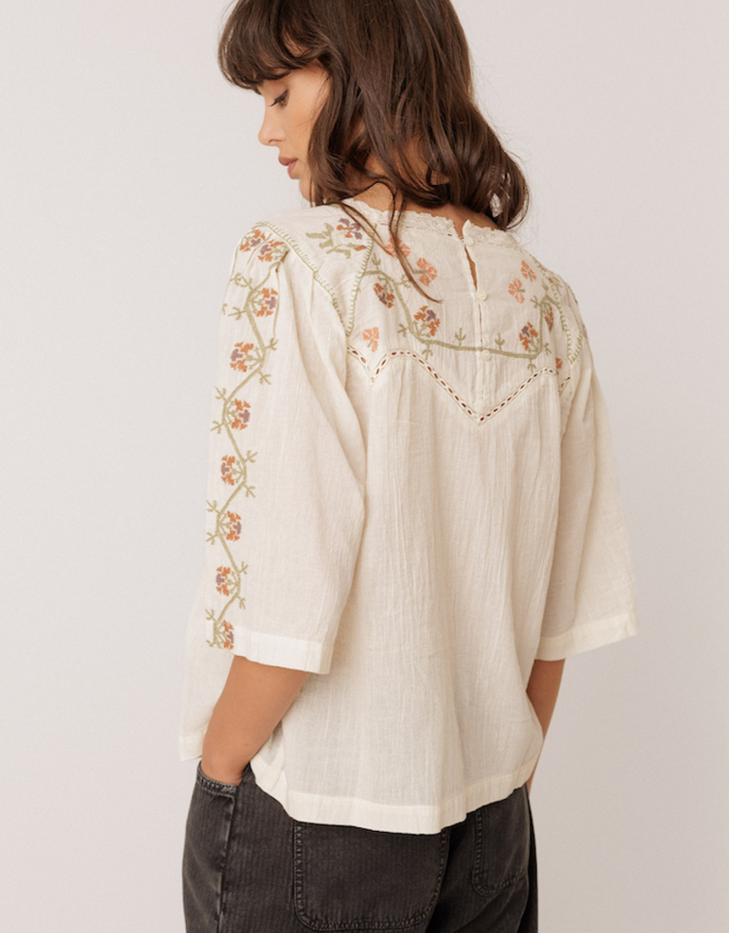 Indi and Cold Anita Floral Embroidered Blouse in Cream