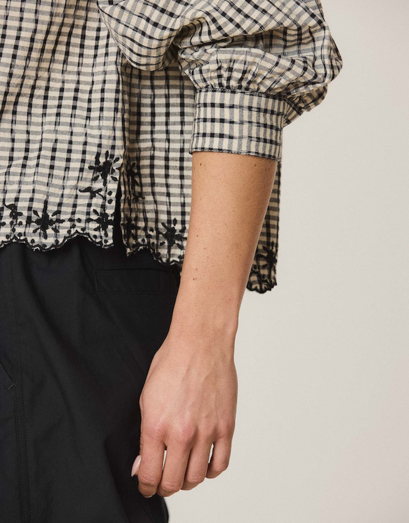 Indi and Cold Pongo Button Up Top With Embroidered Detail in Black and White Check