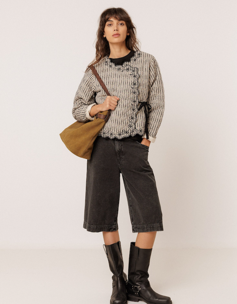 Indi and Cold Perdita Waist Tie Jacket in Black and White Check