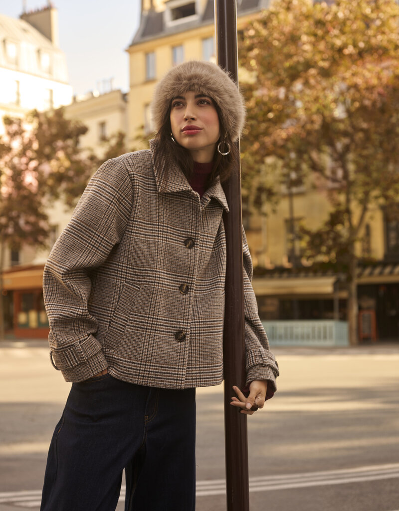 Cream Georg Short Coat in Grey Check
