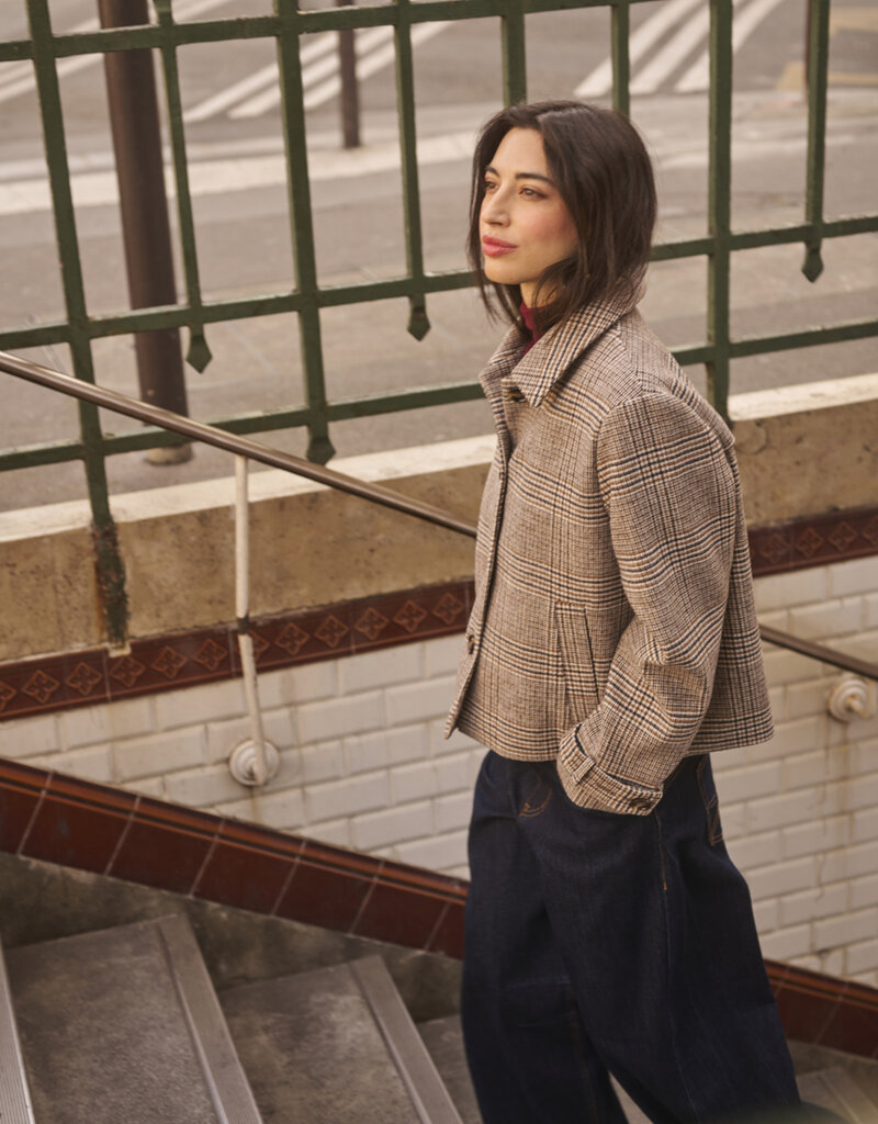 Cream Georg Short Coat in Grey Check