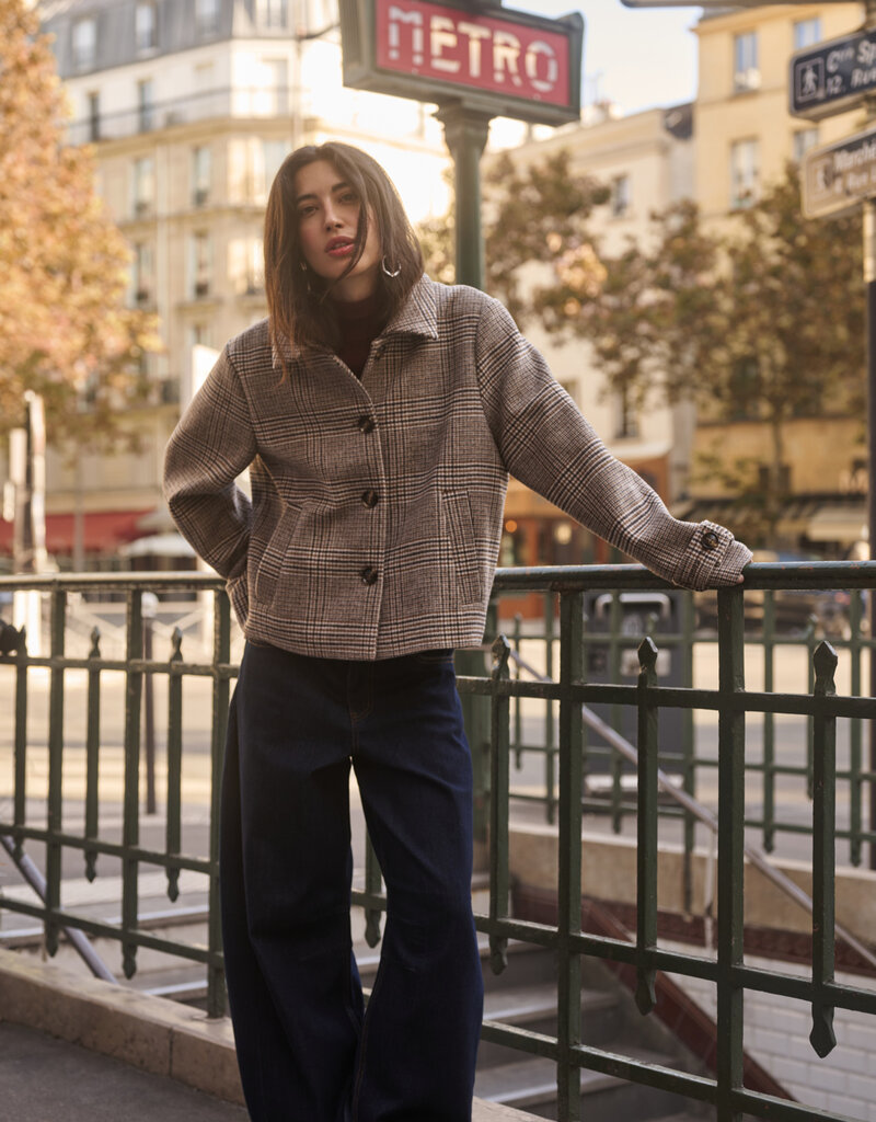 Cream Georg Short Coat in Grey Check