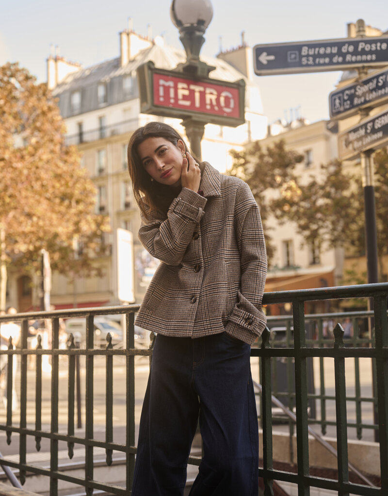 Cream Georg Short Coat in Grey Check