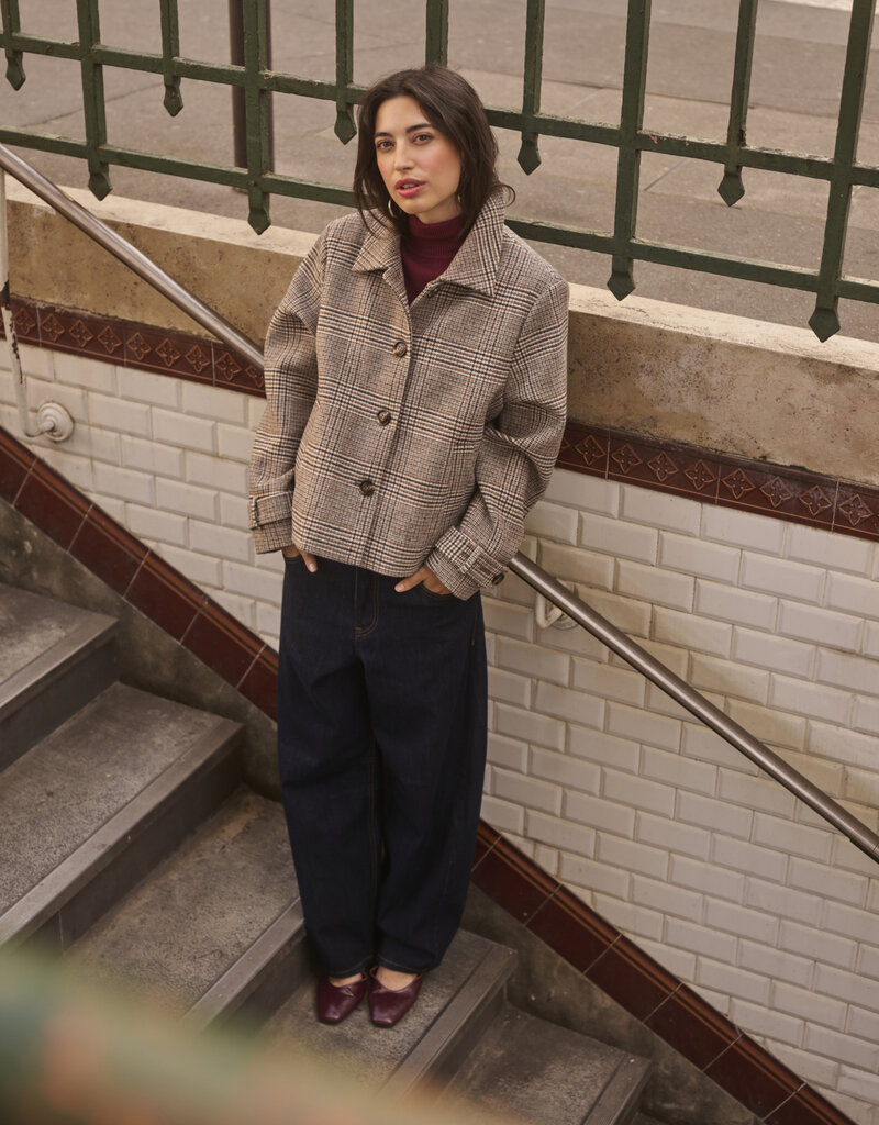 Cream Georg Short Coat in Grey Check