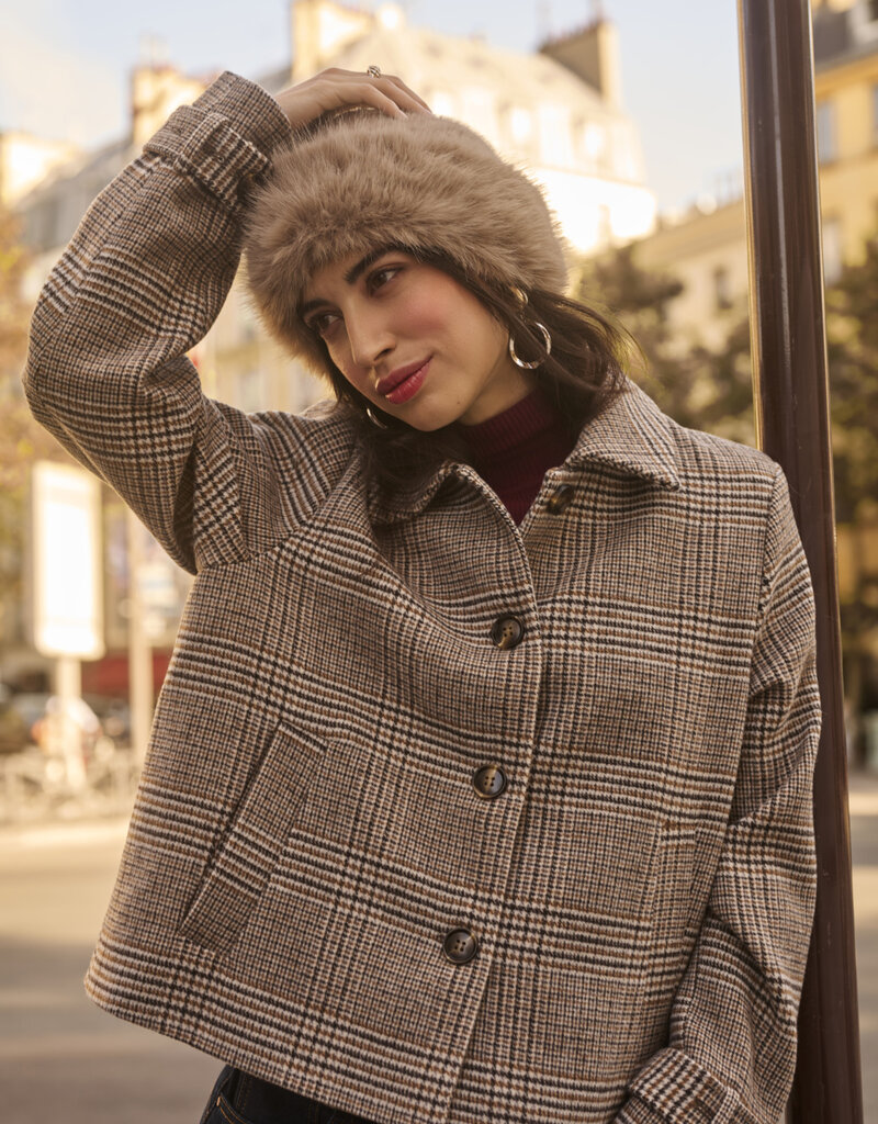 Cream Georg Short Coat in Grey Check
