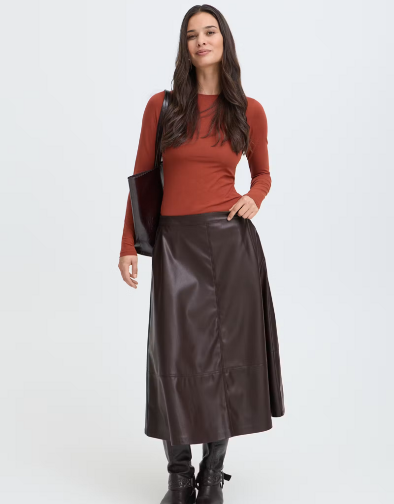 B.Young Daja Midi Pleather Skirt in Java Brown