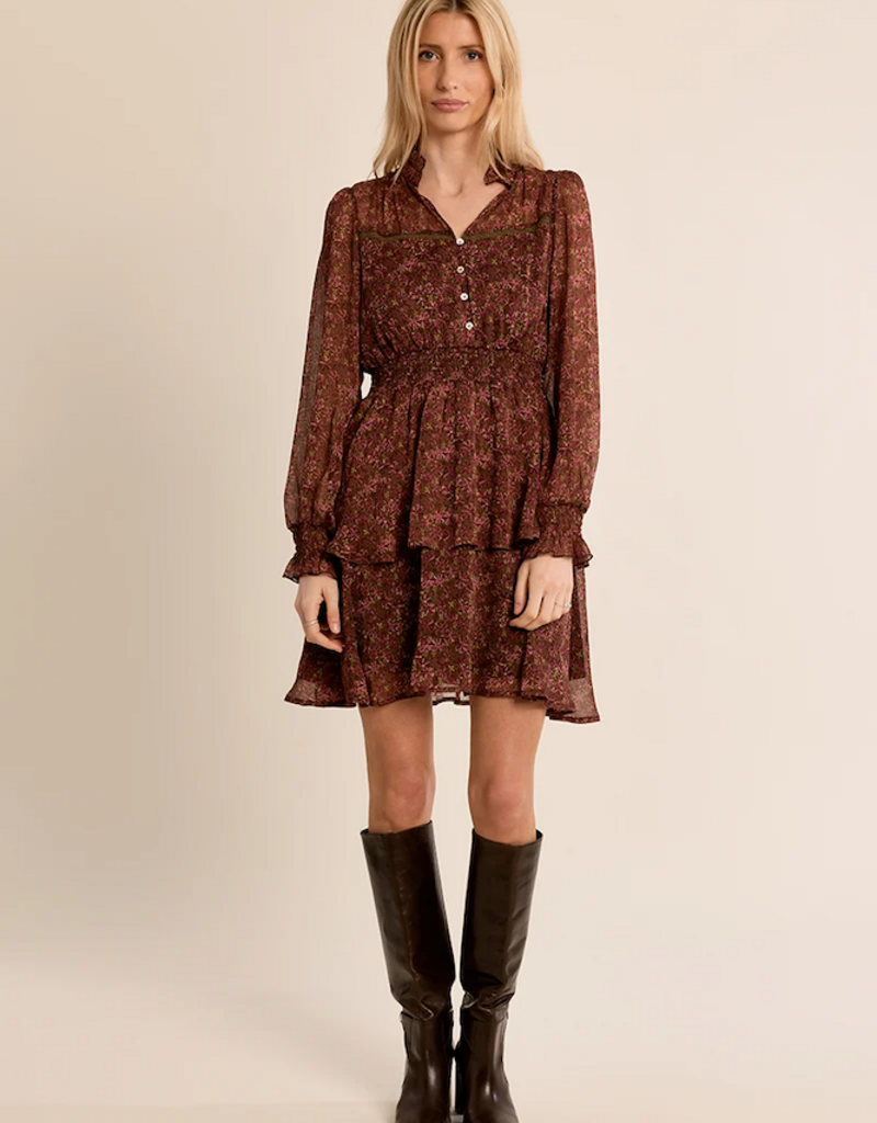 Molly Bracken Kasey Long Sleeve Mini Dress in Khaki Olga Floral