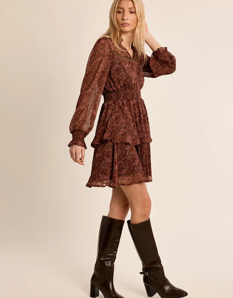 Molly Bracken Kasey Long Sleeve Mini Dress in Khaki Olga Floral