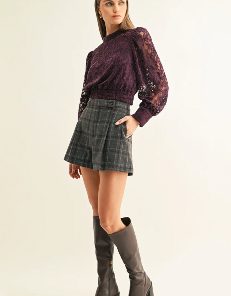 Adelyn Rae Myla Mock Neck Long Sleeve Lace Top in Plum