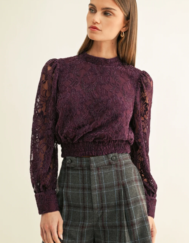 Adelyn Rae Myla Mock Neck Long Sleeve Lace Top in Plum