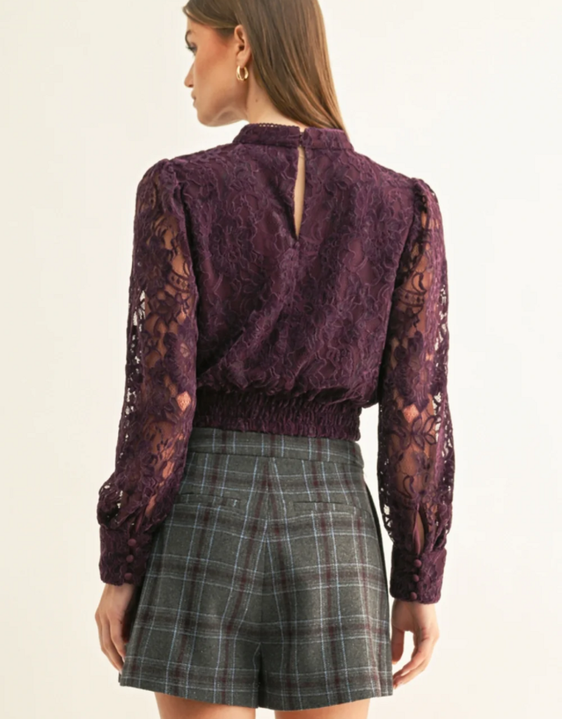 Adelyn Rae Myla Mock Neck Long Sleeve Lace Top in Plum